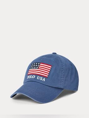 Polo Ralph Lauren USA Flag Chino Ball Cap w/ leather strap- Dad Hat- One Size